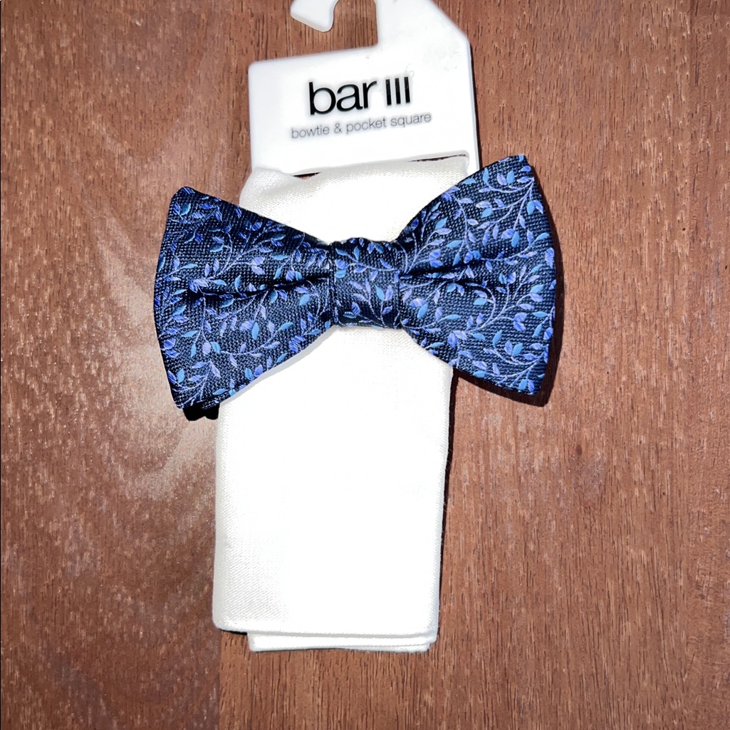 Bar Iii Men's Powell Vine Bow Tie & Solid Pocket Square Set - Blue